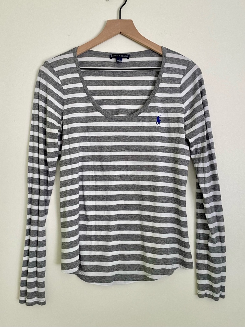 Ralph Lauren Gray and White Striped Long Sleeve Scoop Neck Tee